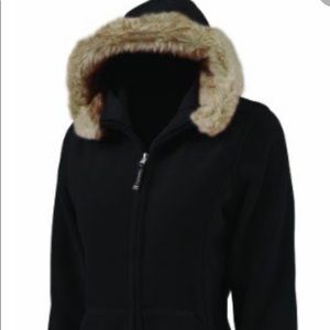 Faux fur trimmed fleece hoodie in navy